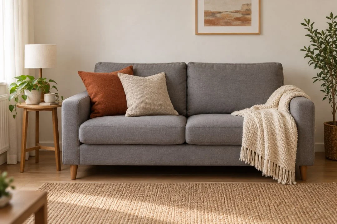 A grey sofa with rust and oatmeal cushions, a cream throw and a light timber side table.