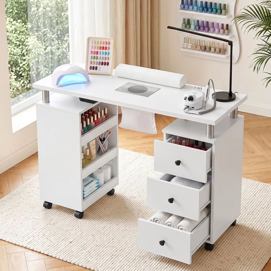 Artiss Manicure Table Nail Desk with Built-in Dust Collector Beauty Salon Station Drawers Shelves Wrist Cushion Wheels – White