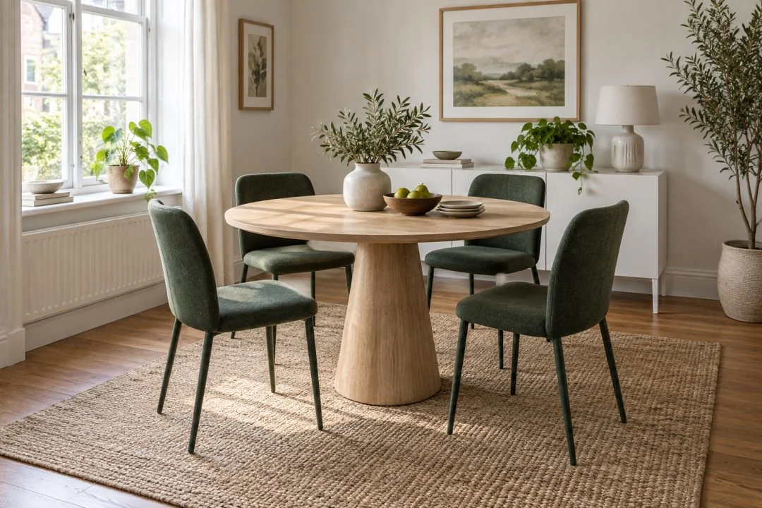A round dining table in a compact room.
