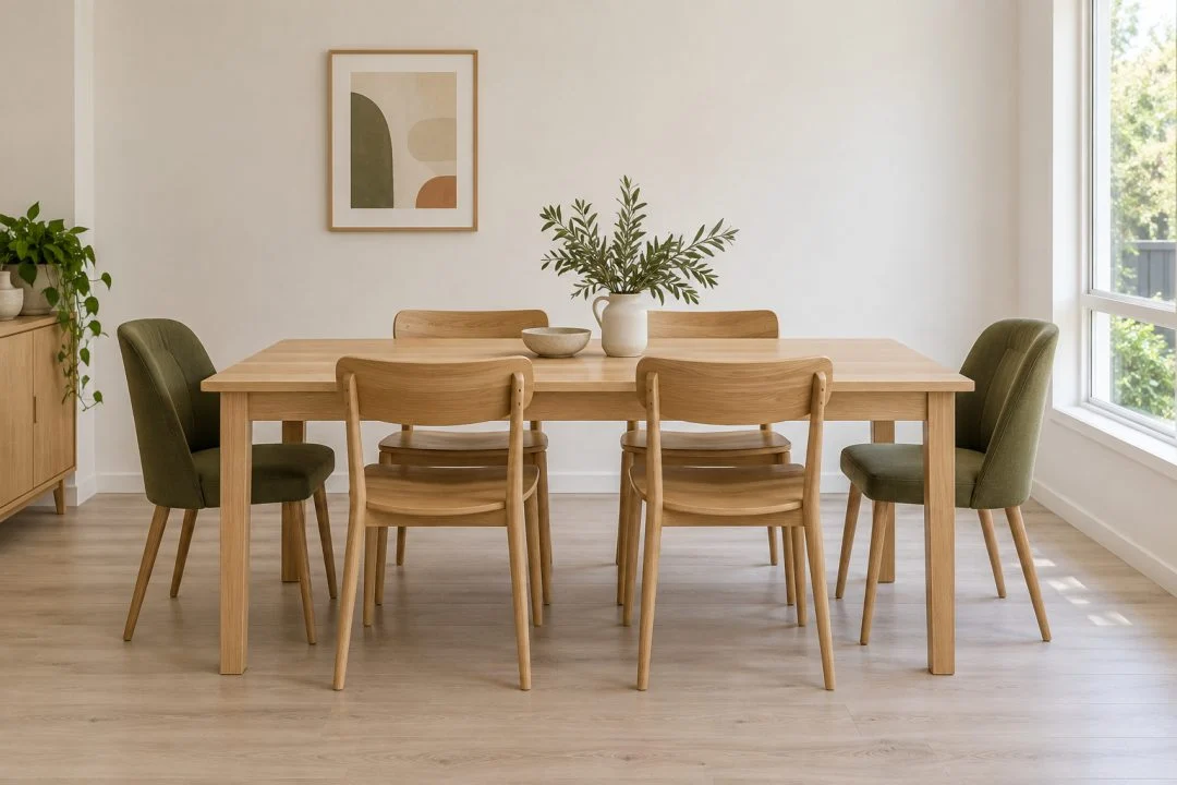 Different dining chair styles arranged around a table.