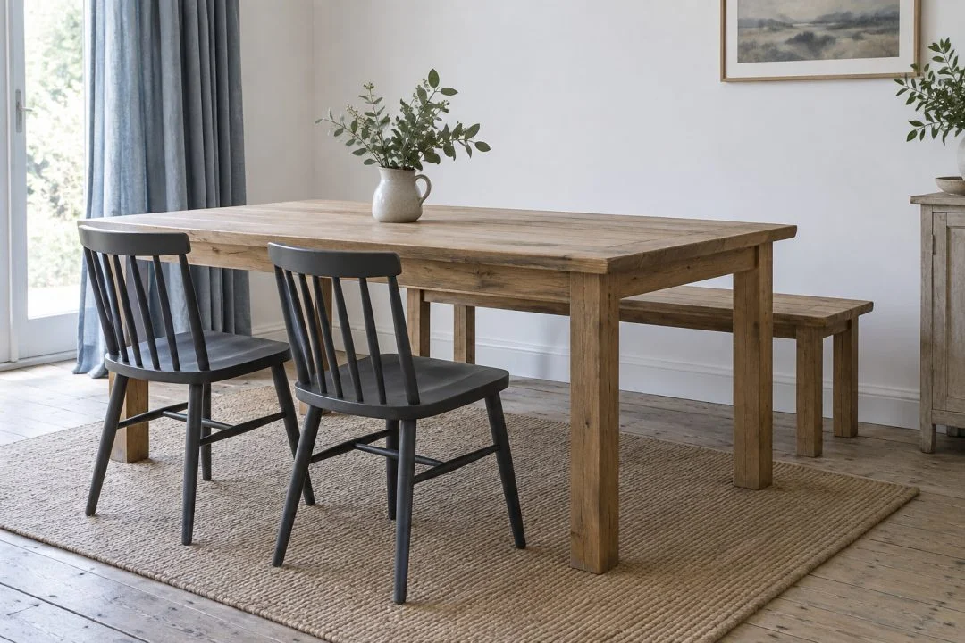 A dining table arranged with a bench and chairs.