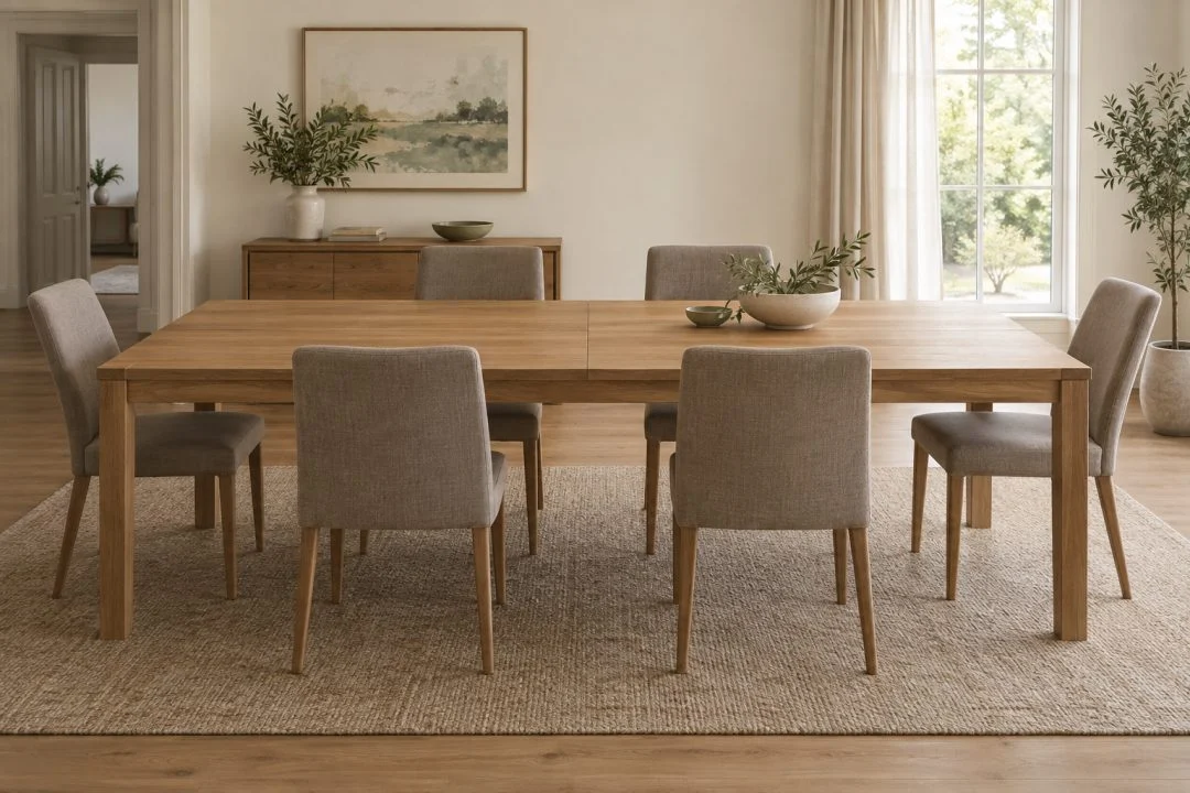 An extended dining table arranged for additional places.