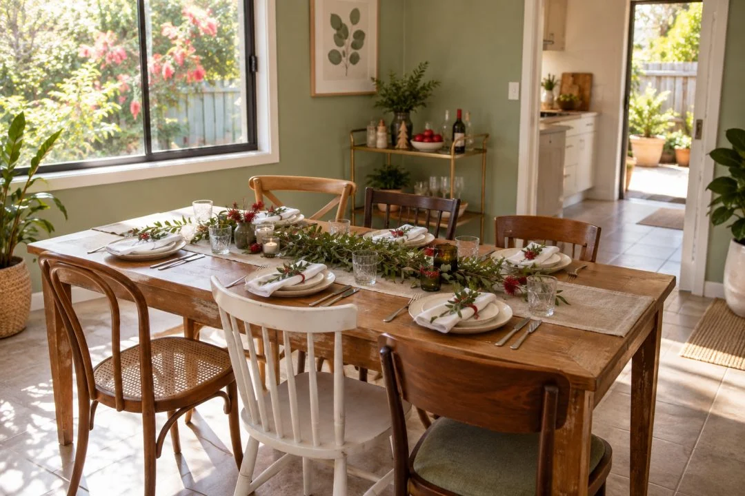 A compact dining room arranged for a festive meal.
