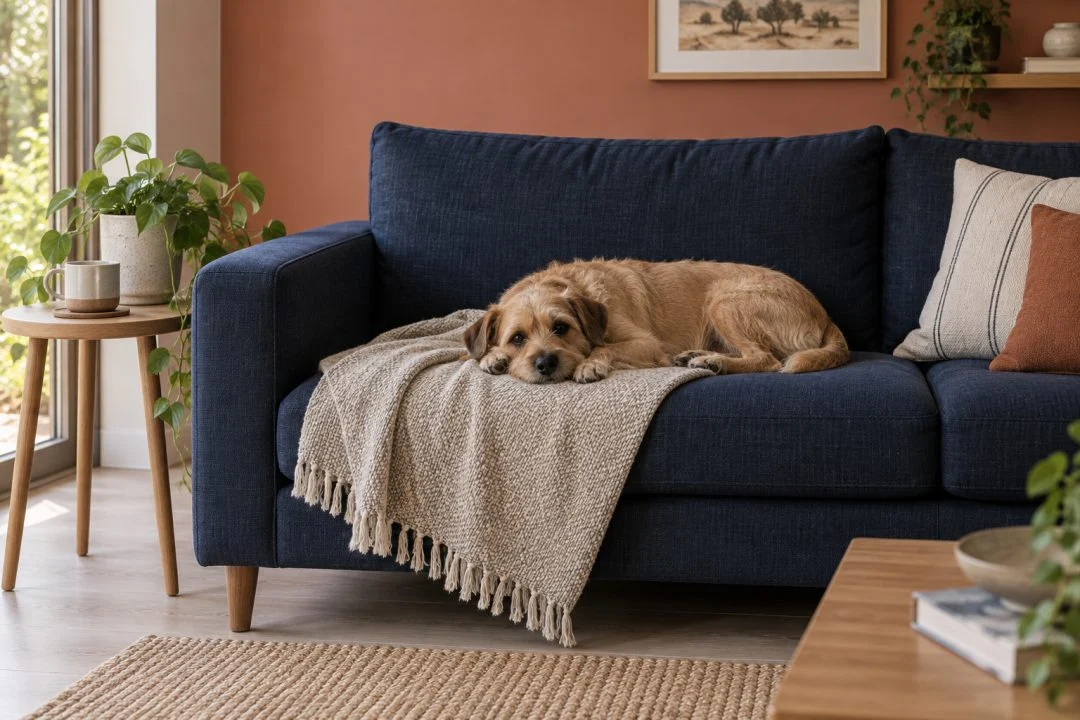 A living-room sofa in a home with a pet.