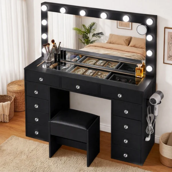 Artiss Dressing Table Charging Station LED Vanity Desk Set Stool Glass Top Make Up Mirror Storage Drawer – Black