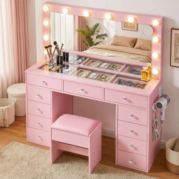 Artiss Dressing Table Charging Station LED Vanity Desk Set Stool Glass Top Make Up Mirror Storage Drawer – Pink