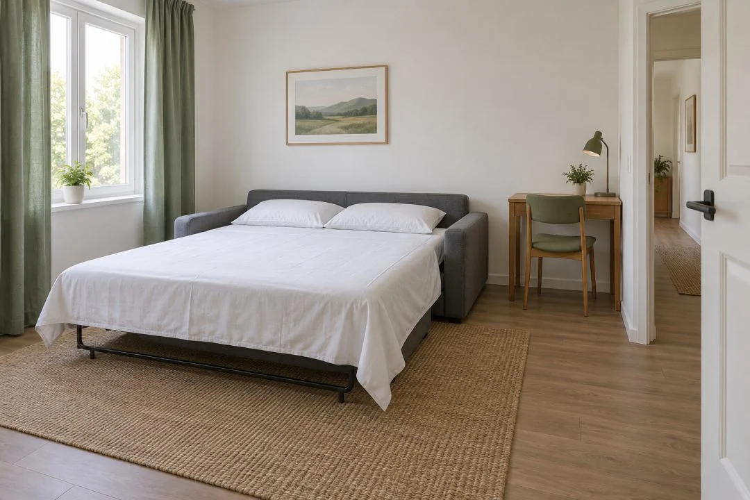 A sofa bed opened as a sleeping surface.