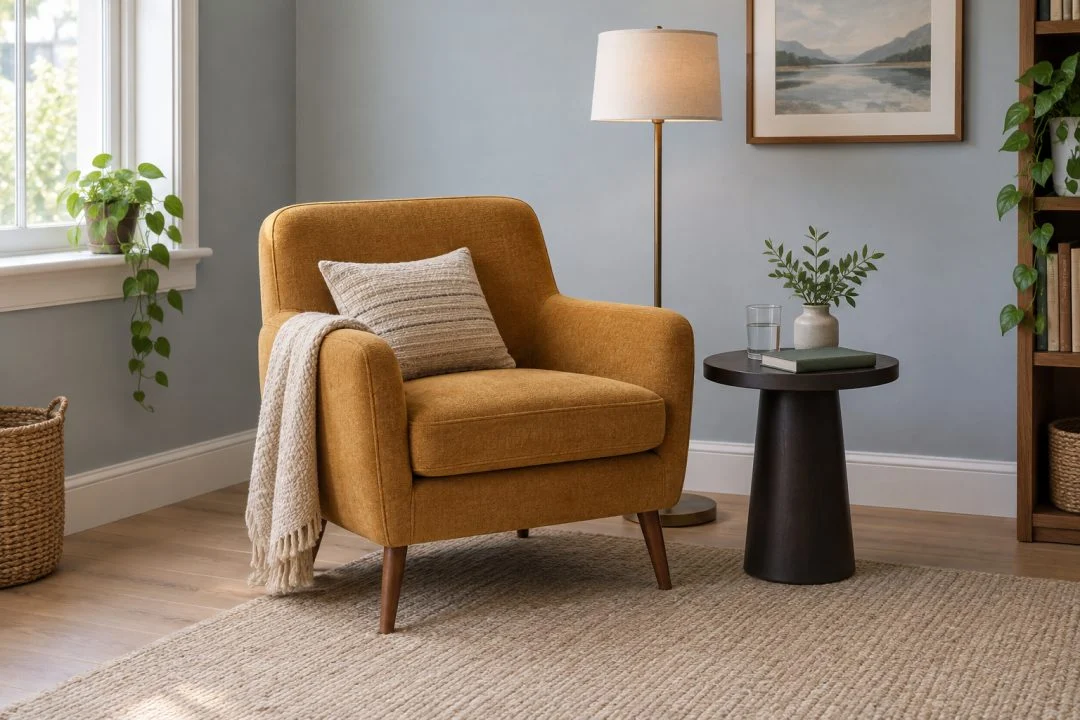 An accent chair positioned with other living-room furniture.