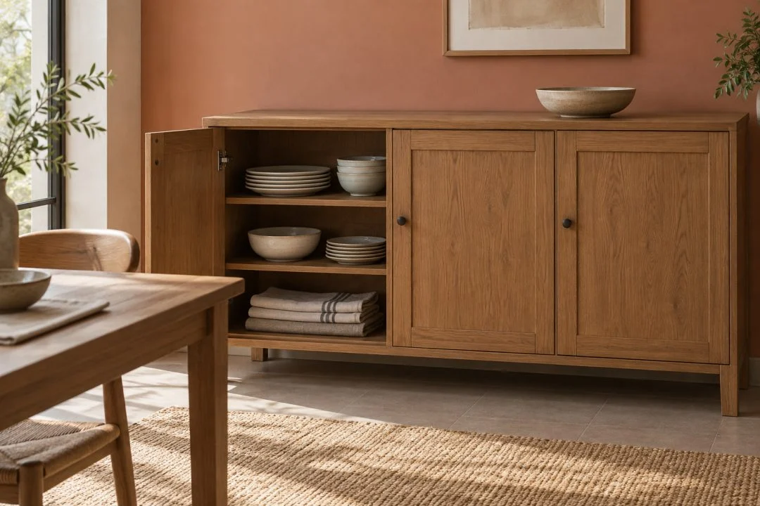 A storage cabinet and console-style furniture in a room.