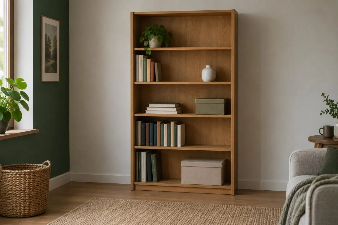 A bookcase arranged with books and open space between groups.
