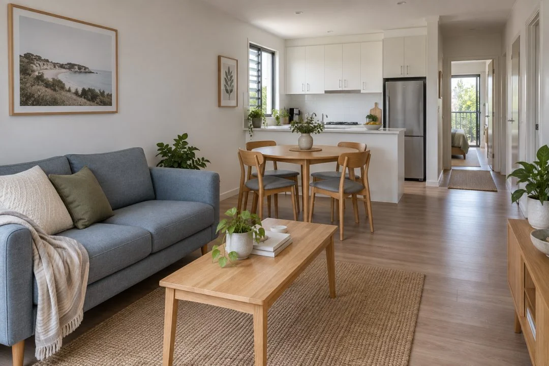 Living and dining furniture arranged in an open-plan room.