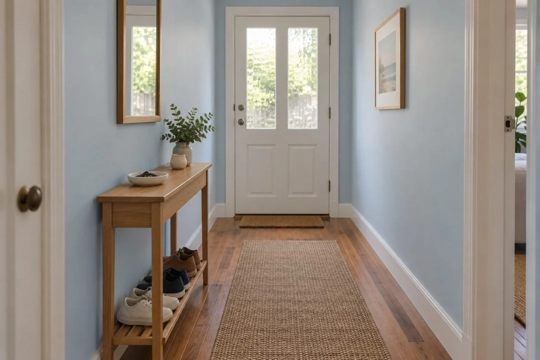 A narrow hallway with compact storage furniture.