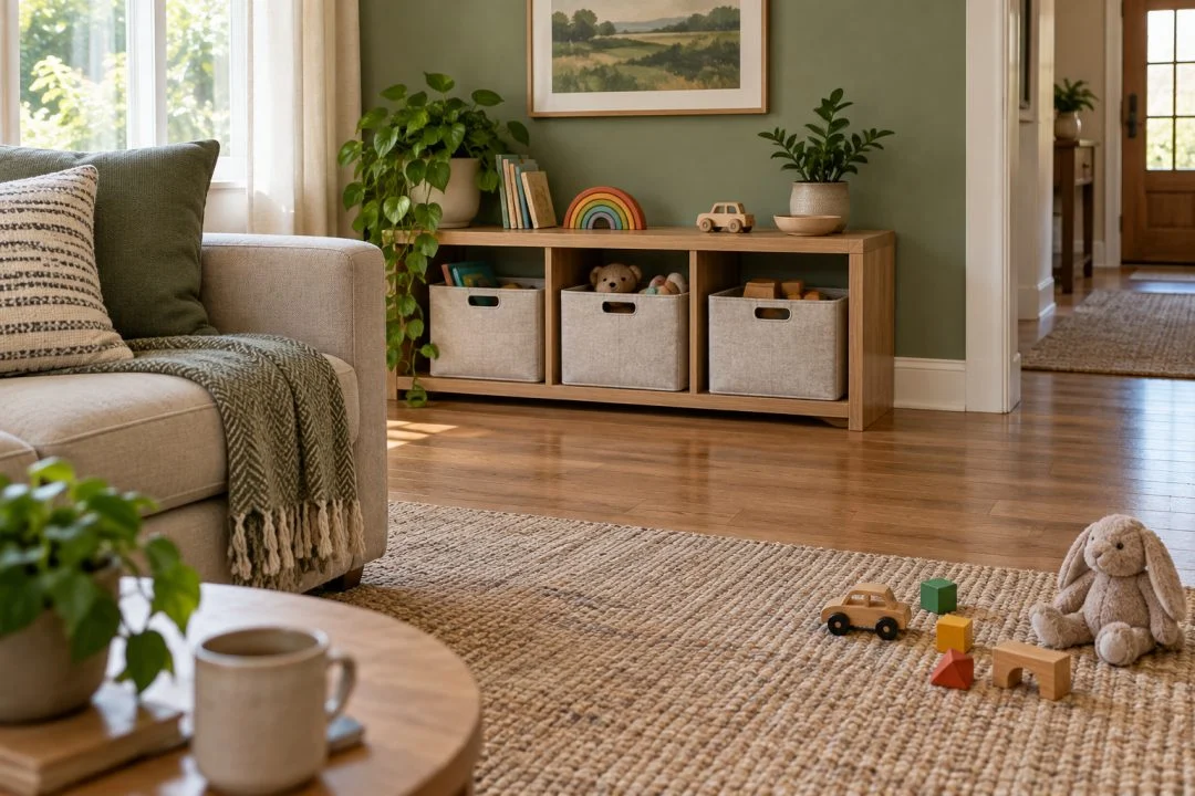 Low living-room storage with toys organised nearby.