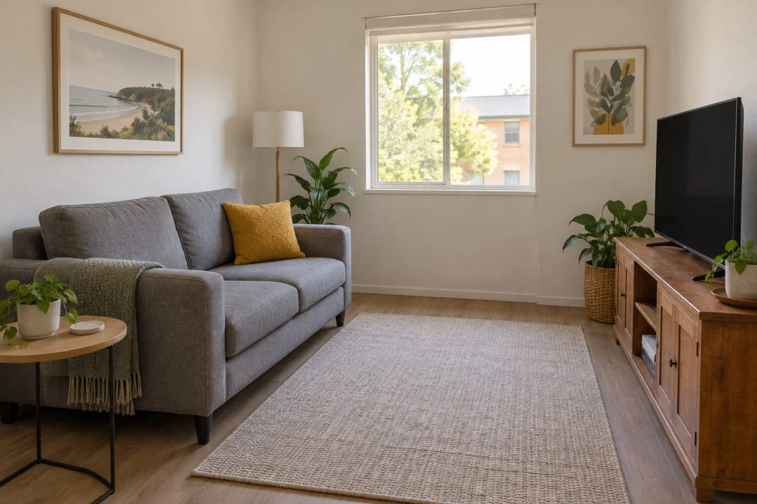 A modest living room with seating, a table and television storage.