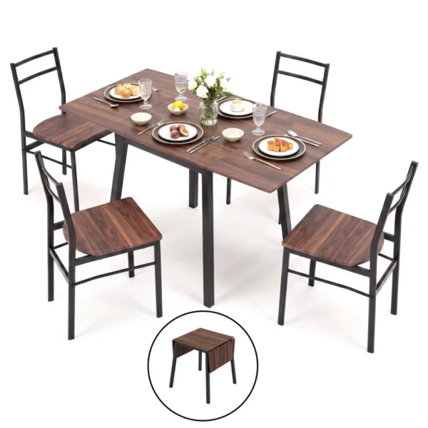 Artiss Dining Table and Chairs Set 5-Piece with Extendable 60-120 cm Drop-Leaf Table – Brown