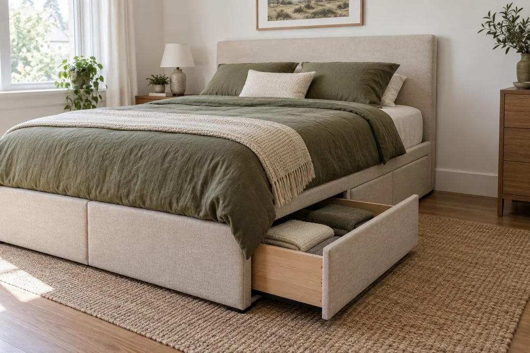 An upholstered bed with a side storage drawer open and folded bedding inside.