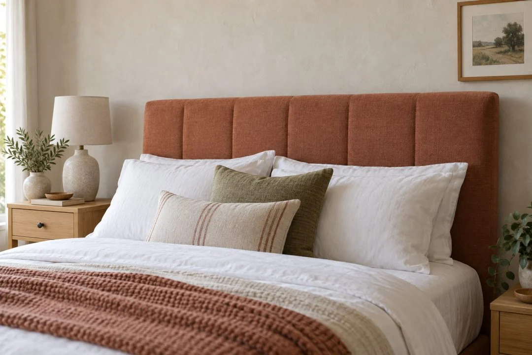 A terracotta upholstered headboard visible above pillows and white bedding.