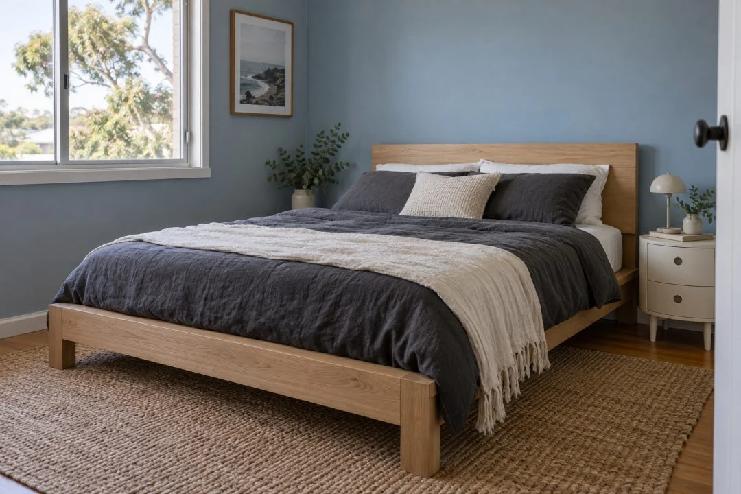 A light timber-look bed frame with charcoal bedding in a blue bedroom.