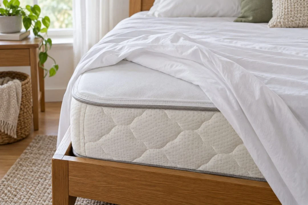 A mattress corner with a protective covering beneath a folded-back sheet.