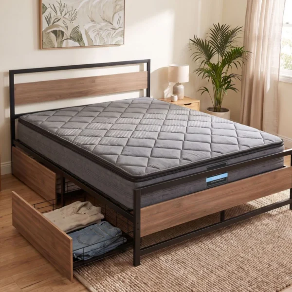 Giselle 18 cm Queen Mattress Pillowtop and Artiss Metal Bed Frame Set with 2 Drawers