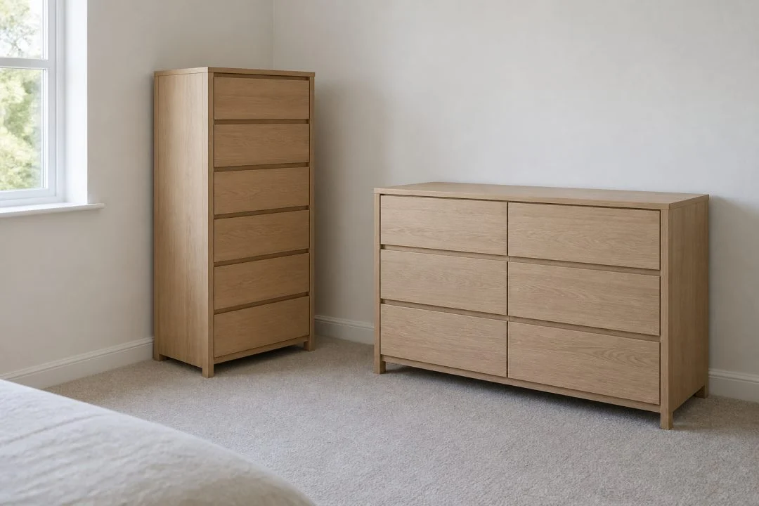 A tall narrow chest and a lower wide dresser against bedroom walls.