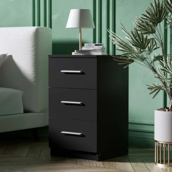 Black White Black Bedside Table with 3 Drawers, Modern Design, 38x35x66 cm Storage Cabinet
