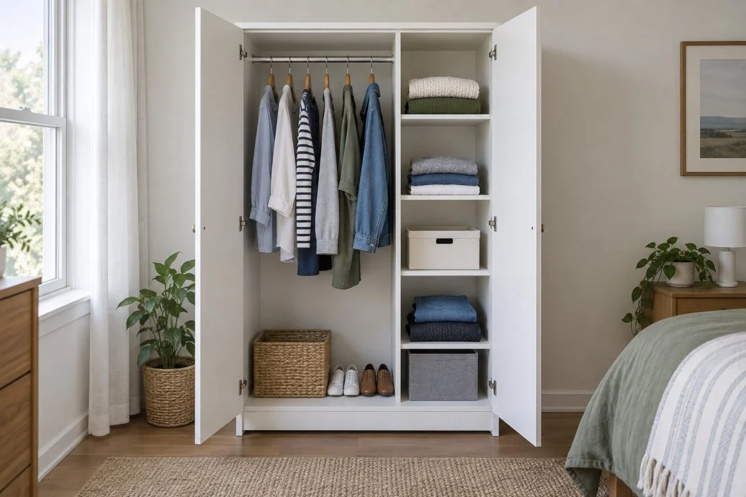 An open white wardrobe with hanging clothes and shelves.