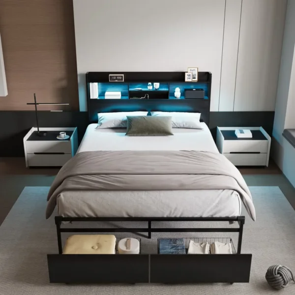 Double Black LED Bed Frame with 2 Storage Drawers and Charging Station