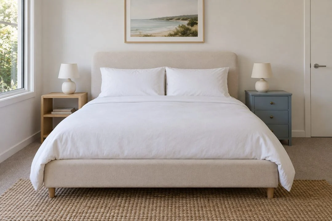 A bed between a timber open bedside table and a blue drawer cabinet, with matching lamps.