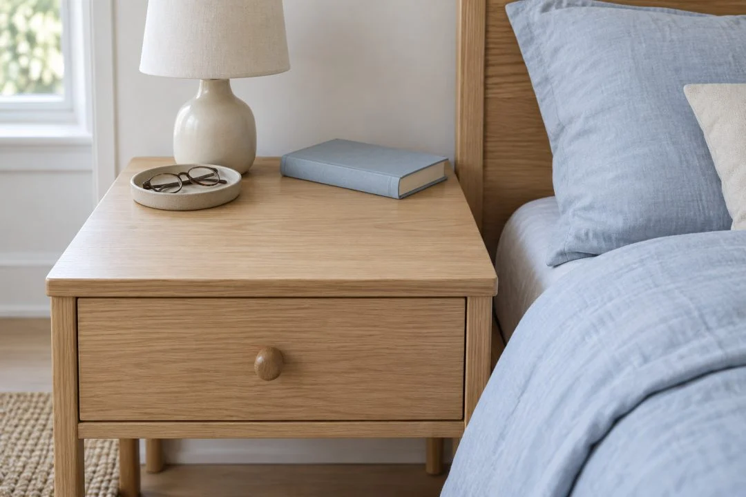 A bedside table with a lamp, glasses, a book and clear space at the front.
