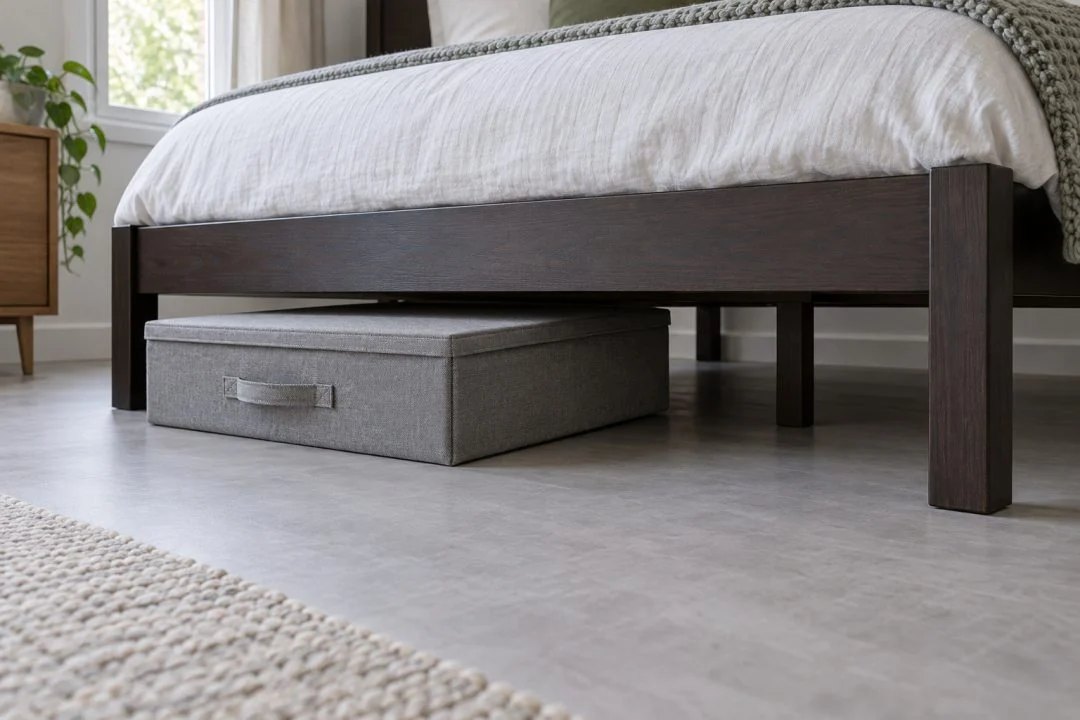 A shallow fabric storage box partly pulled out from beneath a raised bed.