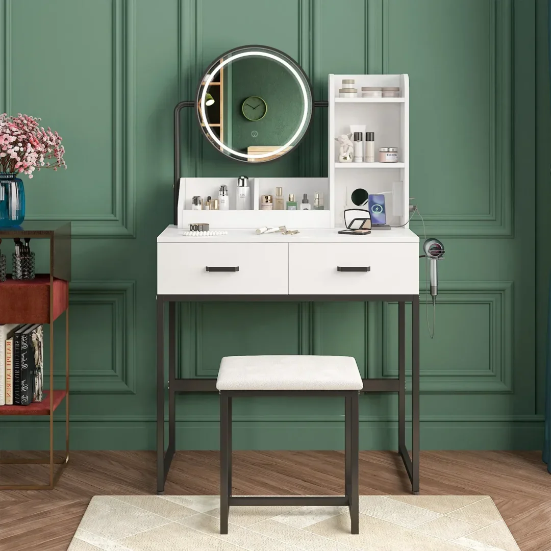 White Black Dressing Table Stool Set with LED Lights and Charging Station, 80x136 cm