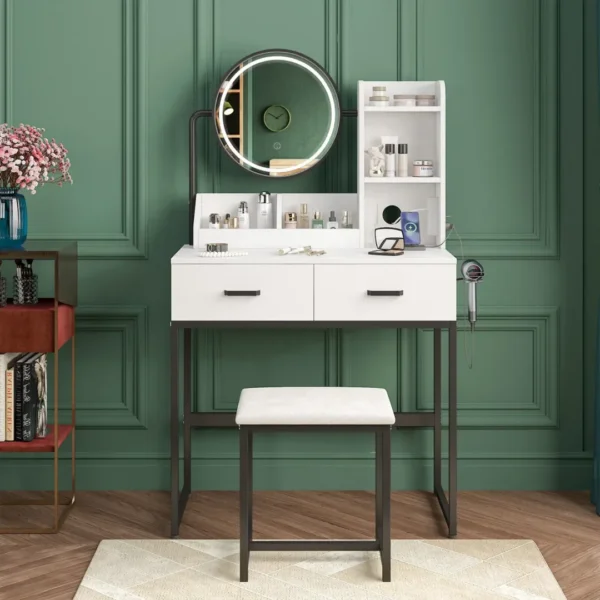 White Black Dressing Table Stool Set with LED Lights and Charging Station, 80x136 cm