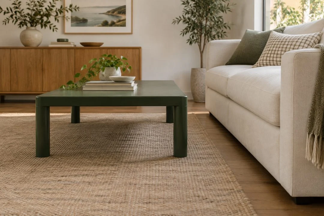 A low green coffee table beside a cream sofa, seen from seat level.