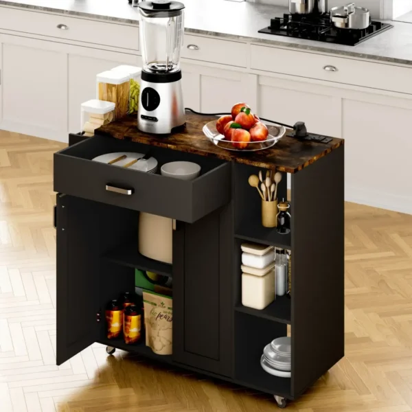 Kitchen Island Cart on Wheels with Charging Station, Black, 83x38x82 cm