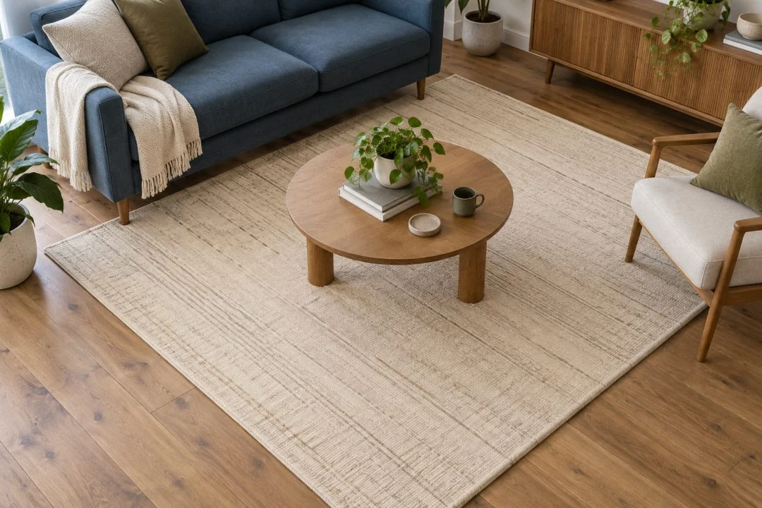 A light rectangular rug beneath the front of a blue sofa and an armchair.