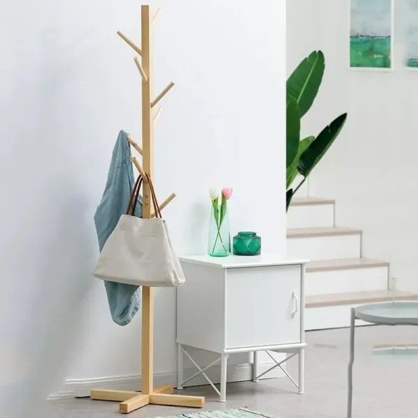 Solid Wood Coat Rack Stand in Natural Finish for Entryway, 80x180 cm
