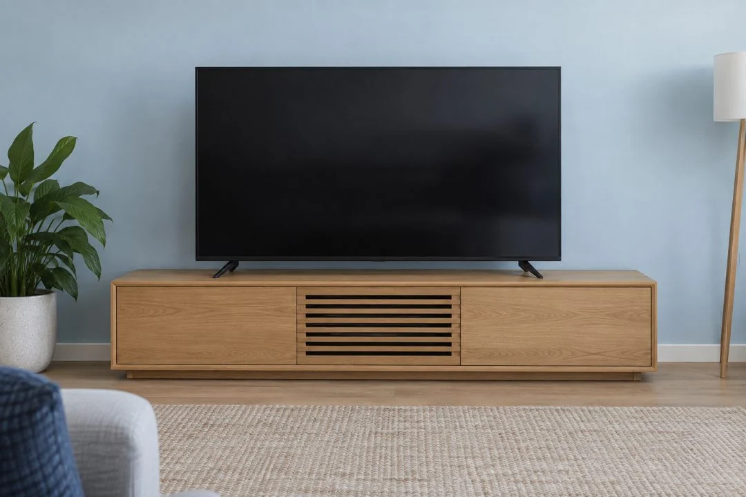 A television resting on a wider low timber-look cabinet.