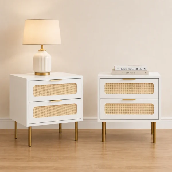 Artiss 2x Rattan Bedside Table 2 Drawers – White