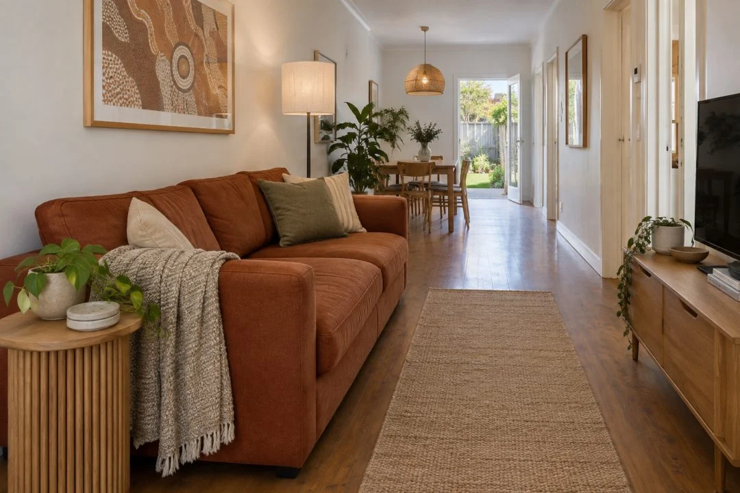 A long narrow room with a rust sofa and a route past the seating.