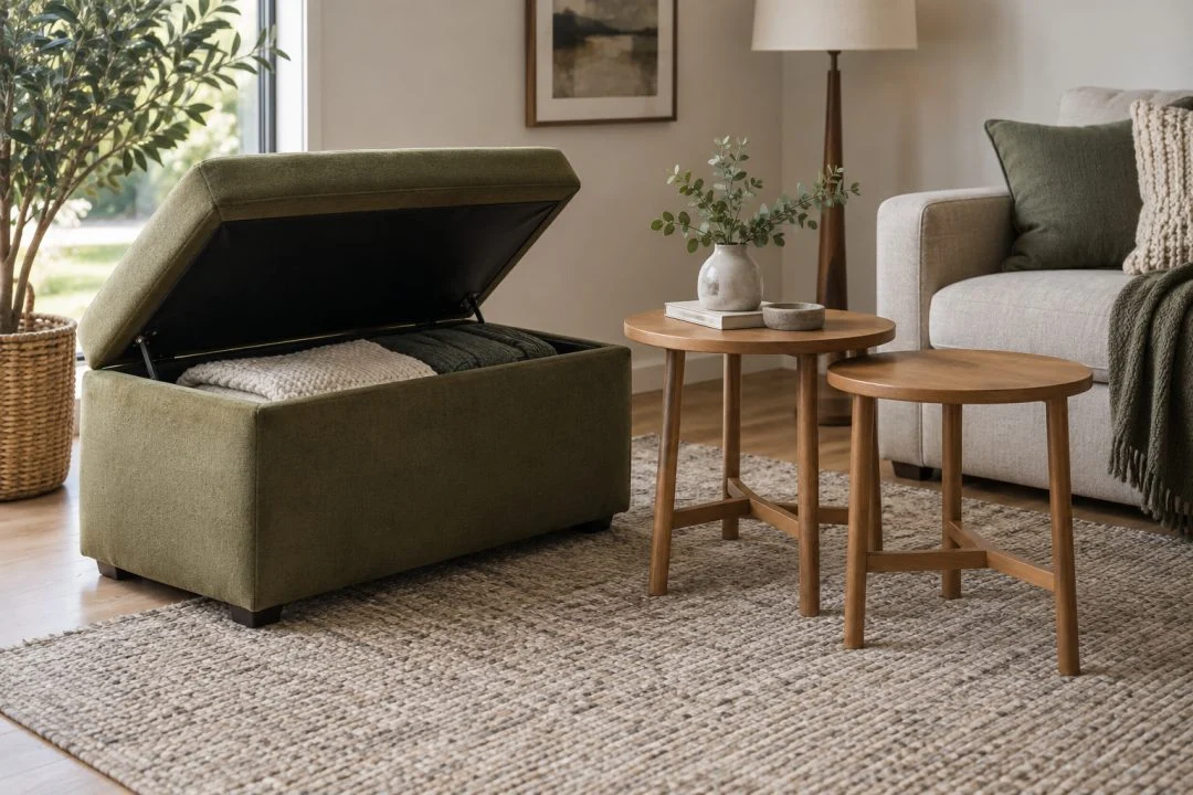 An open green storage ottoman beside two separated nesting tables.