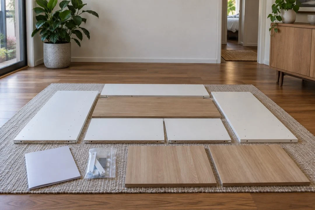 Flat-pack cabinet parts and installation materials laid out before assembly.