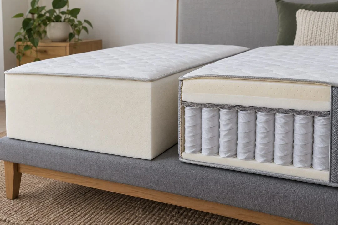 Illustrative mattress sections showing foam and pocket-spring construction.