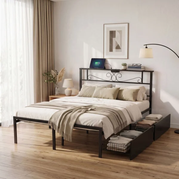 Artiss Double Bed Frame with Charging Station & Storage Drawers Metal