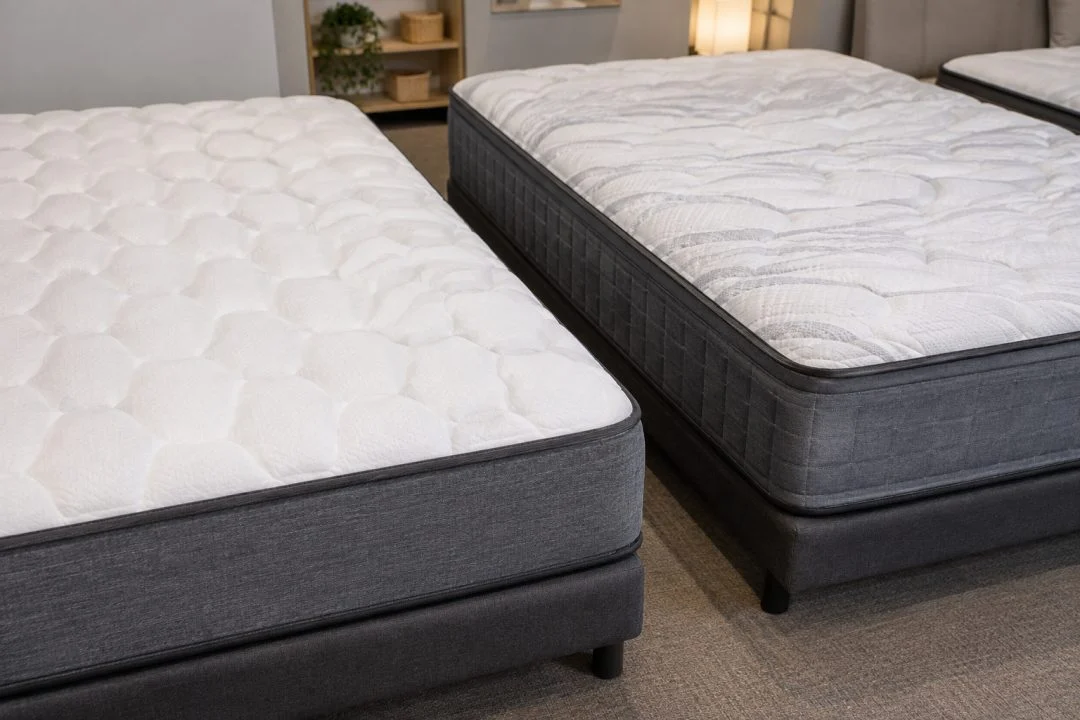 Two unbranded mattresses with different quilted surfaces.