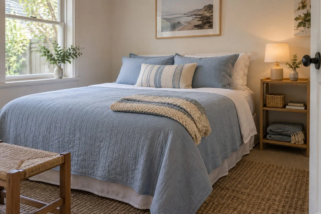 A guest bed with pale blue bedding and compact bedside storage.