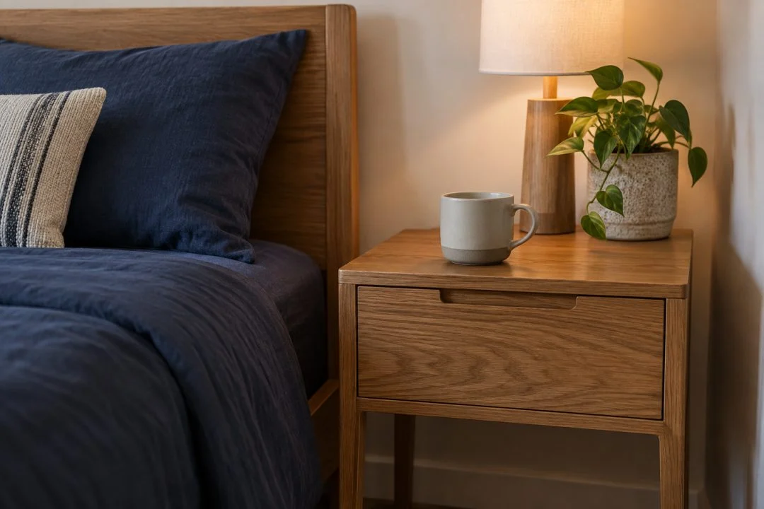 A bedside table next to the mattress and pillows of a made bed.