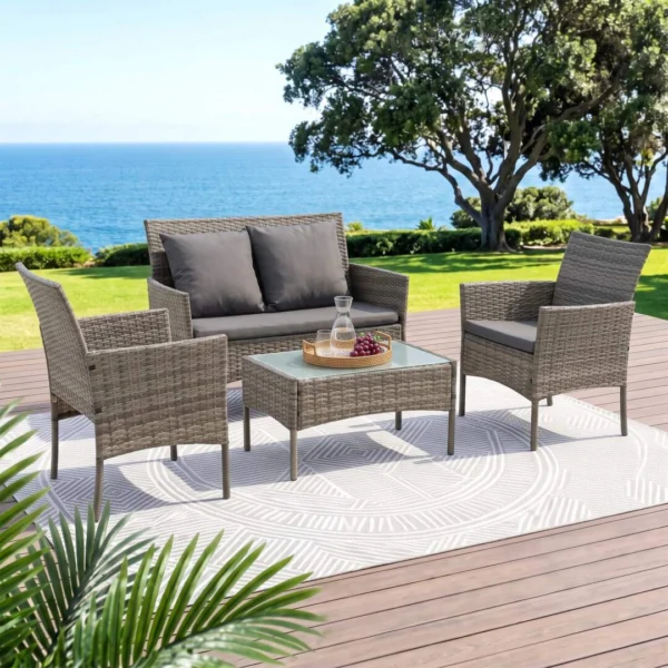 Gardeon 4-Piece Outdoor Sofa Set with Two Pillows Rattan Furniture – Grey