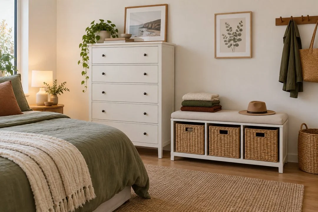 A freestanding white drawer chest and low storage bench in a bedroom.