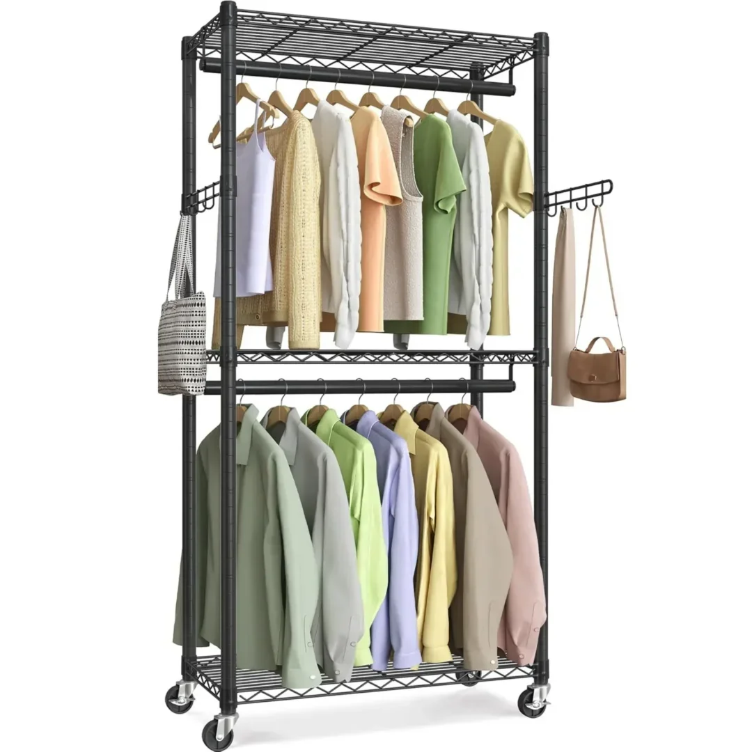 CARLA HOME Double Rail Garment Rack with Shelves – Rolling – Portable Wardrobe
